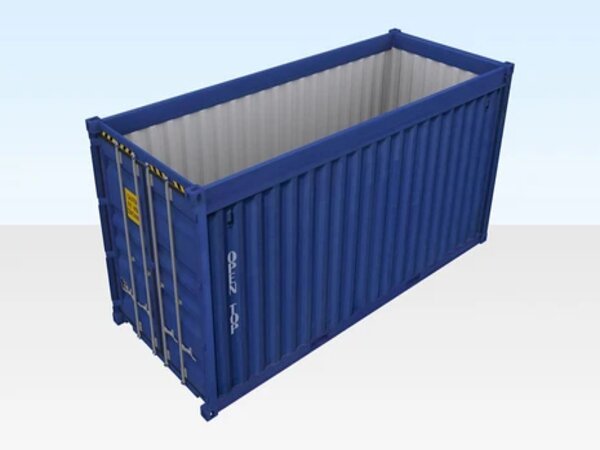 Vue extérieure du container maritime 20 pieds open top avec bâche retirée