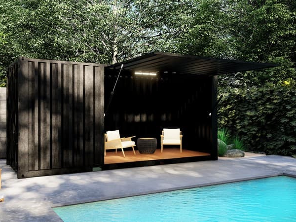 Pool house en container de 20 pieds avec auvent rétractable sur vérin.