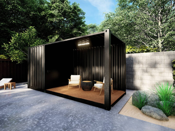 Pool house en container de 20 pieds avec terrasse ouverte.