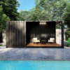 Terrasse en bois du pool house container.