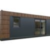 Maison container Helsinki 8x3 mètres avec panneaux en aluminium aspect bois.