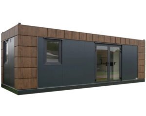 Maison container Helsinki 8x3 mètres avec panneaux en aluminium aspect bois.