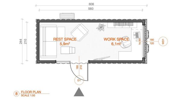 Schéma des dimensions du container bureau 15 m².