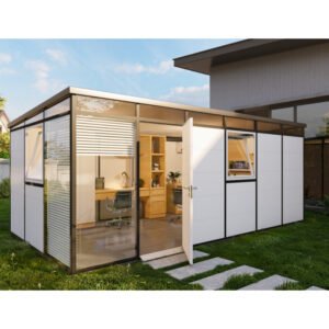 abri jardin isolé modulaire 6x3m blanc avec toiture monopente