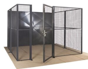 box grillagé métallique gris RAL 7035 avec porte sécurisée