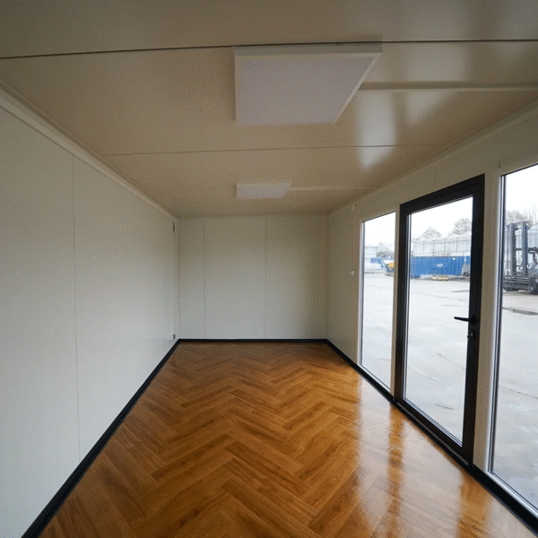 Intérieur conteneur isolé Helsinki avec isolation et éclairage LED Conteneur isolé Helsinki 6×3 m – Bureau & Studio de Jardin